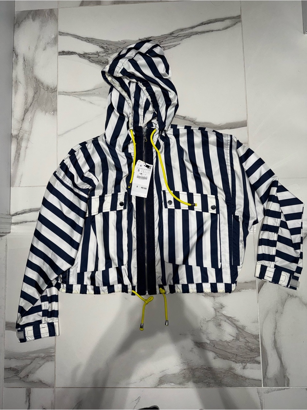 Zara Navy & White Striped Hooded windbreaker Jacket with Yellow Drawcords